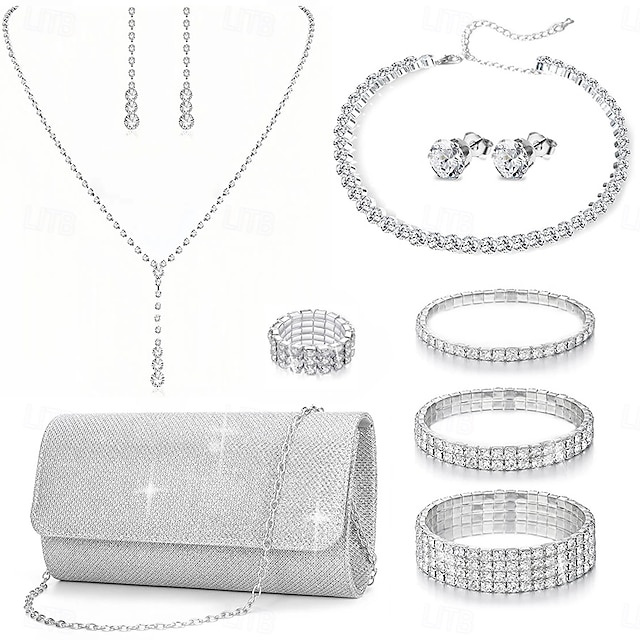  Conjuntos de joyas nupciales 1 juego de anillos de aleación de diamantes de imitación, pendientes, collares y pulseras, elegante conjunto de joyas para mujer para bodas, ocasiones especiales, fiestas,