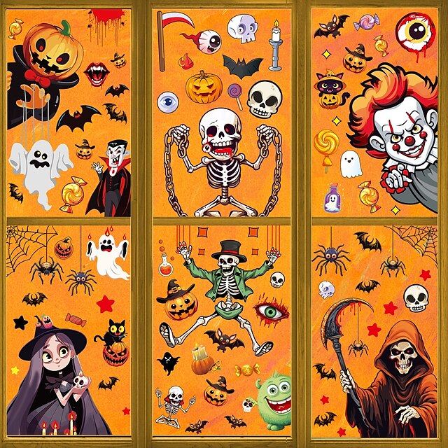  Lot de 6 feuilles d'autocollants décoratifs pour fenêtre d'Halloween, double face, motif squelette, sorcière, chauve-souris, citrouille, araignée, faucheuse, statiques, pour décoration murale en verre