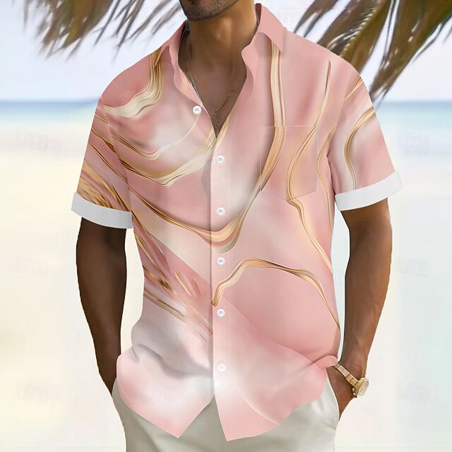 Men's Geometric Marble Abstract Liquid Art Shirt Summer Shirt Button Up Shirt Short Sleeve Fashion Casual Vacation Holiday Streetwear Summer Turndown 3D Print Front One Pocket Linen Like Shirt Pink4