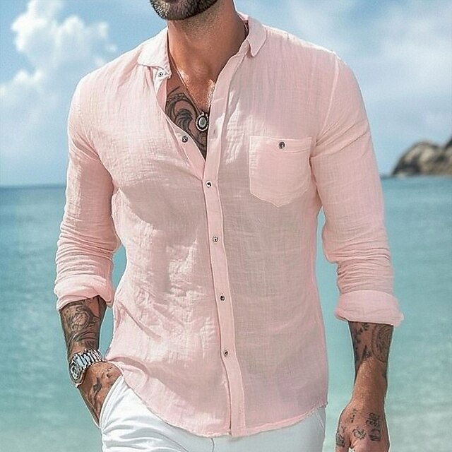 Men's Shirt Linen Shirt Summer Shirt Beach Shirt Solid Color Vacation Casual Pink Long Sleeve Collar All Seasons Clothing Apparel Pocket4