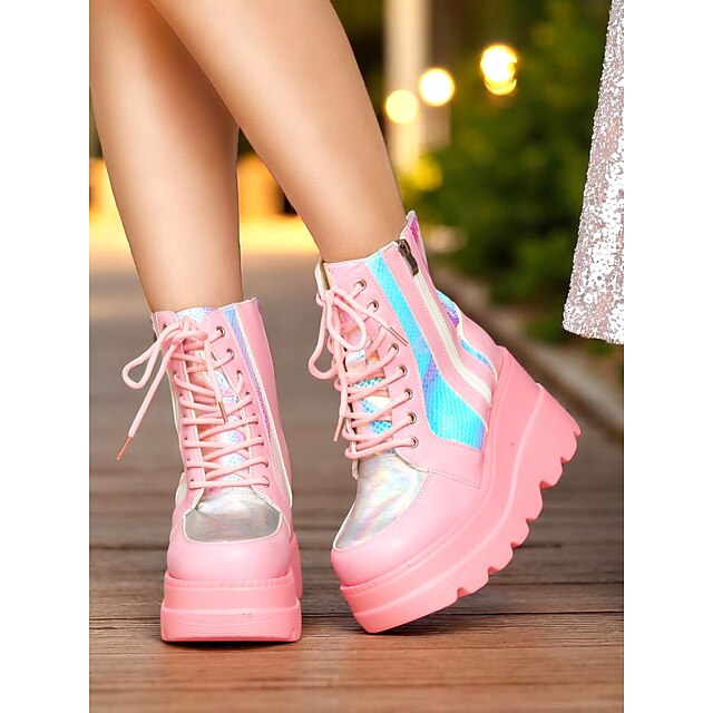  Botas de combate femininas plataforma rosa, botas de cano curto holográficas com cadarço e salto grosso com zíper lateral, estilo de rua ousado para vida noturna e roupas de festa