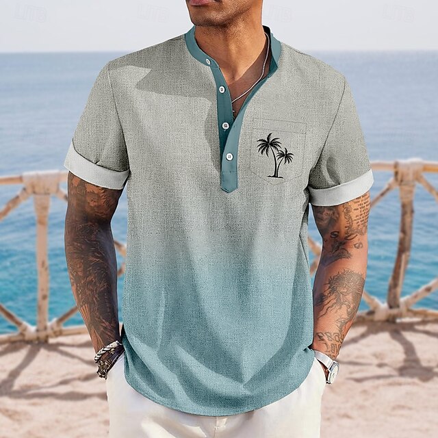  Voor heren Kokosnootboom Overgangskleur Hawaiiaanse shirts Henley-shirt Overhemd met staande kraag Korte mouw Hawaii Vakantie Casual Zomer Lente Mandarijn Kraag Band Kraag Knop Voorste zak