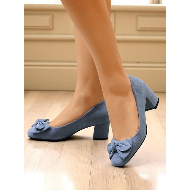  Women's Heels Retro Party Work Daily Bowknot Chunky Heel Square Toe Elegant Vintage Faux Suede Loafer Black Pink Blue