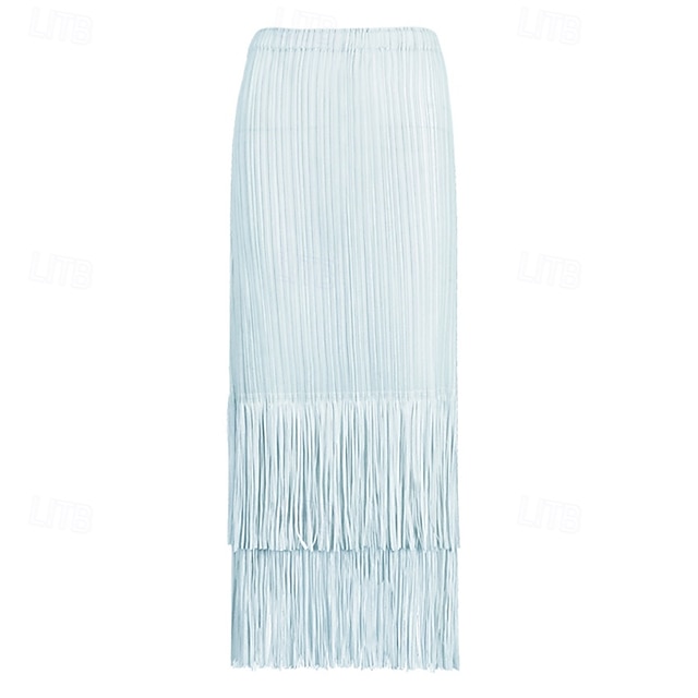  Femmes Ample Élégant ancien Mode Midi Taille Moyenne Jupes Frange à pompons Froncé Élastique Vacances Quotidien Aqua bleu Noir Vert Claire Rose Claire Été Polyester