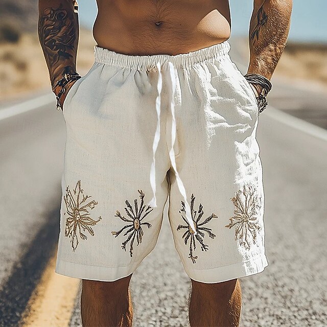 Men's Shorts Linen Shorts Summer Shorts Beach Shorts Drawstring Elastic Waist Plain Flower / Floral Comfort Breathable Knee Length Outdoor Daily Holiday Ethnic Style Retro Vintage White4