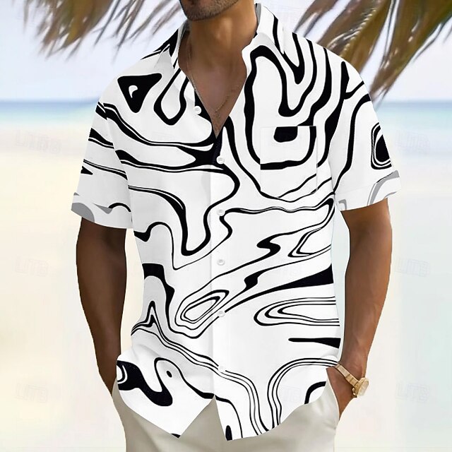 Men's Geometric Waves Abstract Art Shirt Summer Shirt Button Up Shirt Short Sleeve Fashion Casual Vacation Holiday Streetwear Summer Turndown 3D Print Front One Pocket Linen Like Shirt White4