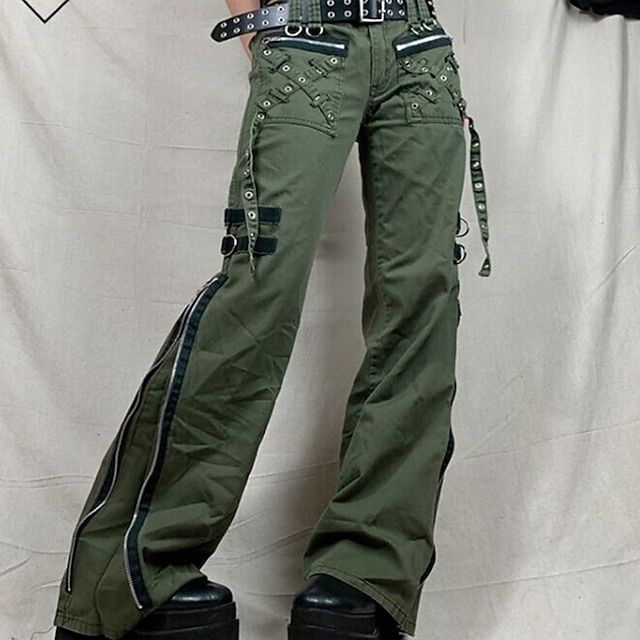  Mujer Pantalones cargo Moda Ropa de calle Longitud total Baja cintura Color sólido Cremallera Cómodo Microelástico Deporte Ropa Cotidiana Verde Ejército Verano Primavera Ajuste regular