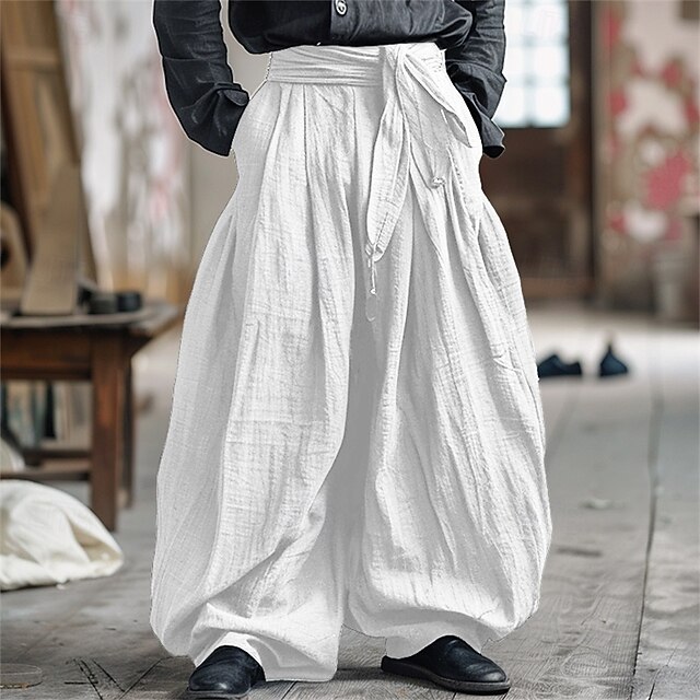 Men's Linen Pants Trousers Summer Pants Baggy Pants Beach Pants Elastic Waist Plain Comfort Breathable Vacation Daily Holiday Vintage Boho White Navy Blue4