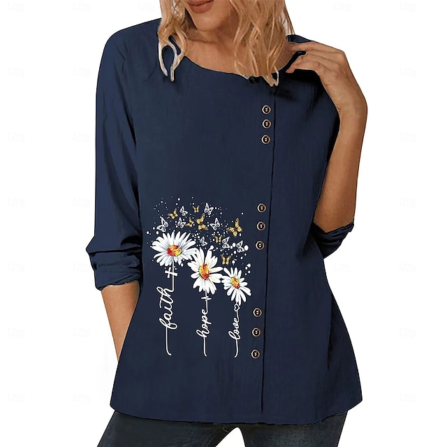  Chemisier femme coton lin fleuri élégant mode moderne manches longues col ras du cou régulier hauts quotidien sortie week-end blanc bleu bleu foncé automne