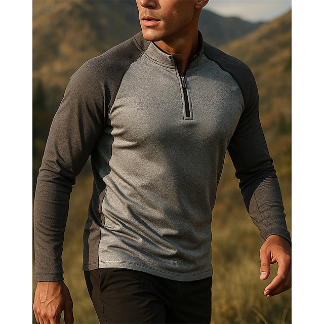  Herren Polo-Sweatshirt Wanderspitze Langarm Stehkragen T-Shirt Oberteil Außen Atmungsaktiv Schnelltrocknend Leicht Viertelreißverschluss Polyester Patchwork Dunkelgrau Tennis Golfspiel Laufen