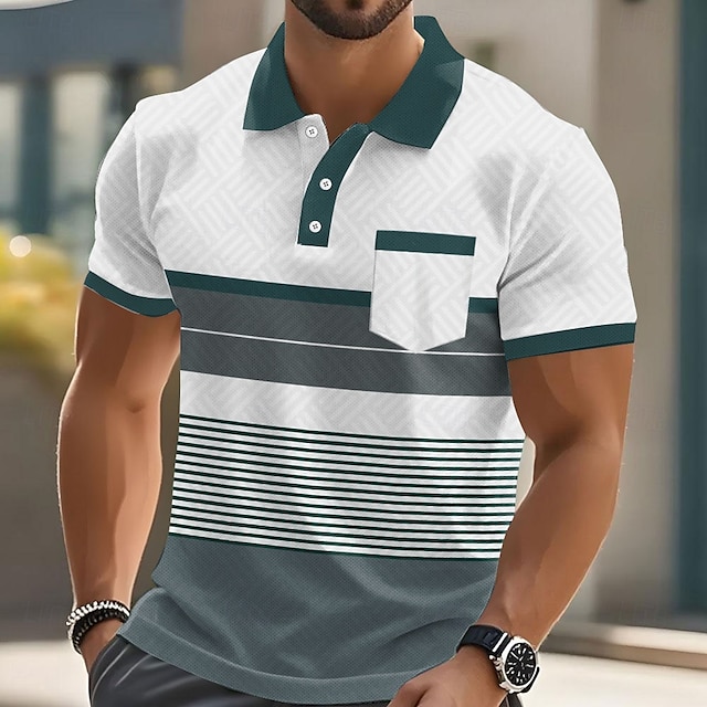  Voor heren Gestreept Polo Korte mouw Poloshirt Overhemden met kraag Zakelijk informeel Buiten Sportkleding Alledaagse kleding Zak 3D-afdrukken Knop Zomer blauw Bruin Groen
