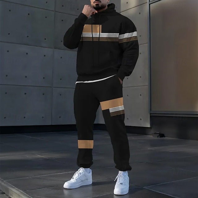  Férfi Színes 2db 3D pulóver készletek Tracksuit Kapucnis pulóver Hosszú ujj Hosszú nadrág Kapucni Alkalmi Napi Sportruházat 3D nyomtatás Tavasz Ősz Tél Fekete