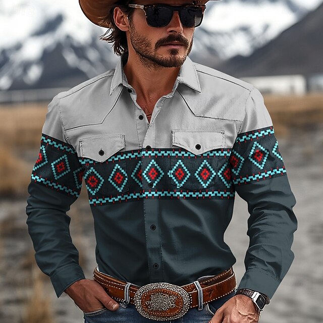 Men's Geometric Indian Culture Shirt Western Shirt Cowboy Shirt Long Sleeve Vintage Western Style Tribal Outdoor Daily WorkWear Fall & Winter Turndown 3D Print Front Two Pockets Button Up Shirts Dark4