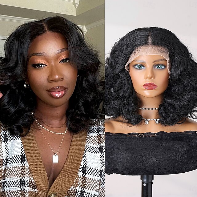  Syntetická krajková paruka Bouncy Curl Styl 12 inch Černá Střední část 13x4 krajka vpředu Paruka Dámské Paruka Černá