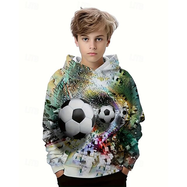  Pojkar 3D Fotboll Huvtröja Långärmad Vår Höst Mode Streetwear Barn 4-12 år Huva Utomhus Ledigt Dagligen Normal