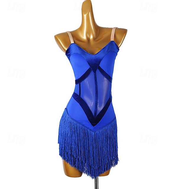  Robe de danse latine salsa à pompons pour femmes, tenue d'entraînement sans manches pour rumba, chacha, samba