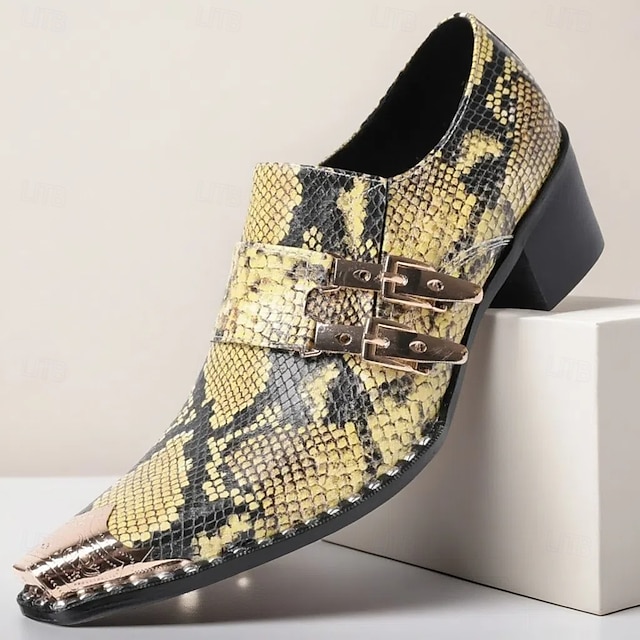  Chaussures habillées en cuir imprimé peau de serpent pour hommes – mocassins formels en cuir de vachette de qualité supérieure avec doubles boucles métalliques, bout pointu et clous pour les banquets en soirée, les galas de mode et les soirées masquées