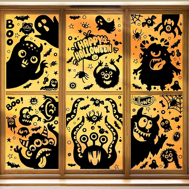  6 listů halloweenských samolepek na okno, dekorace s oboustrannými obtisky, roztomilý kreslený pavouk, netopýr, ďábel, monstrum, oko, statické samolepky na párty potřeby a skleněné dekorace