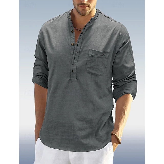  Per uomo Camicia Camicia di lino Camicia con colletto alla coreana Camicia popover Camicia Estiva Abbigliamento da spiaggia Semplice Vacanza Quotidiano Nero Bianco Blu marino Verde Manica Lunga Henley