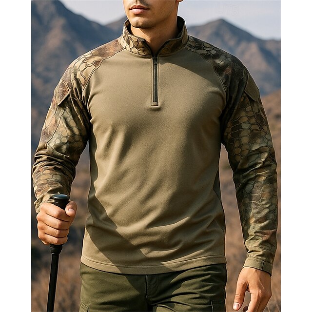  Herr Polo sweatshirt Vandringstopp Långärmad Hög krage Överdelar Utomhus Andningsfunktion Snabb tork Lättvikt Elastisk Quarter-Zip Pullover Polyester Kamouflage Armégrön Ljusbrun Kaki Tennis Golf