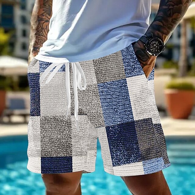 Men's Geometric Color Block Patchwork Waffle Shorts Sweat Shorts Casual Shorts Mid Waist Fashion Casual Vacation Jogging Workout Elastic Drawstring Waist Shorts with Pockets Designer Clothing Apparel4