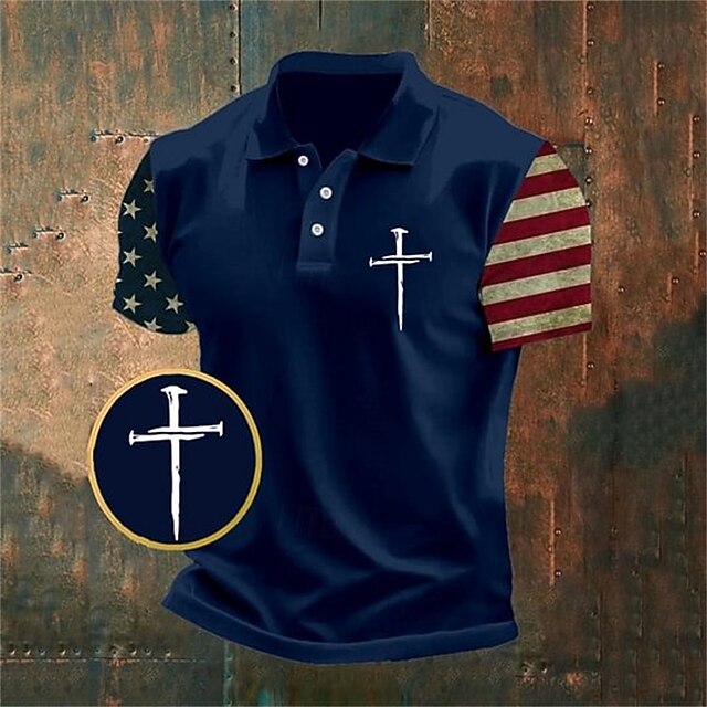 American Independence Day Men's American US Flag Cross Polo Shirts Button Up Polos Golf Shirt Short Sleeve Polo Shirts Lapel Fashion Casual Daily Festival Print Summer Black Navy Blue3