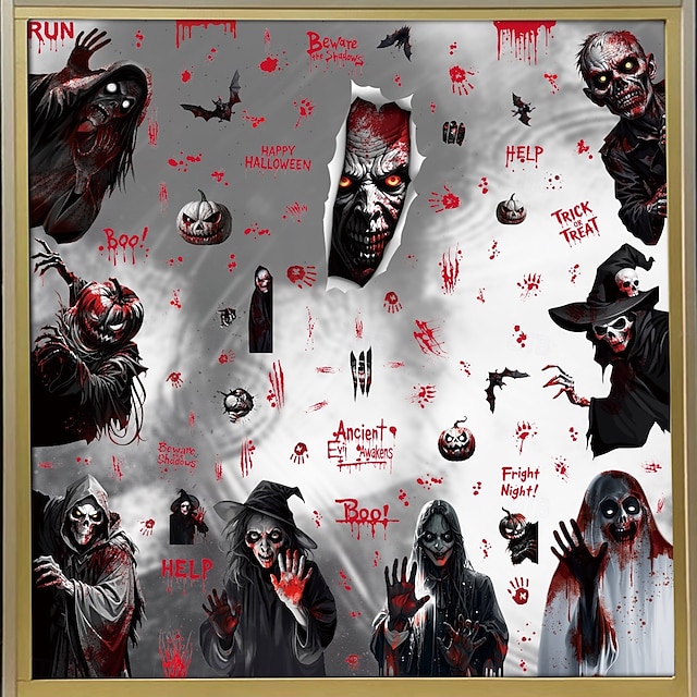 9 Sheets Halloween Static Window Clings Stickers, Grim Reaper, Ghost, Bat and Skeleton Glass Decals, Removable Halloween Party Decorations for Windows and Storefronts