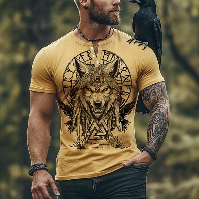 Men's Wolf T Shirt Henley Shirt Short Sleeve Designer Retro Vintage Street Casual Daily Summer Spring All Seasons Yellow Henley Henley T-Shirt4