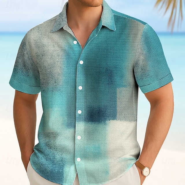  Voor heren Kleurenblok Verloop Overhemd Zomer overhemd Overhemd met knopen Korte mouw Mode-casual Buiten Vakantie Dagelijks gebruik Zomer Lente Strijkijzer 3D-afdrukken shirts met kraag blauw Oranje