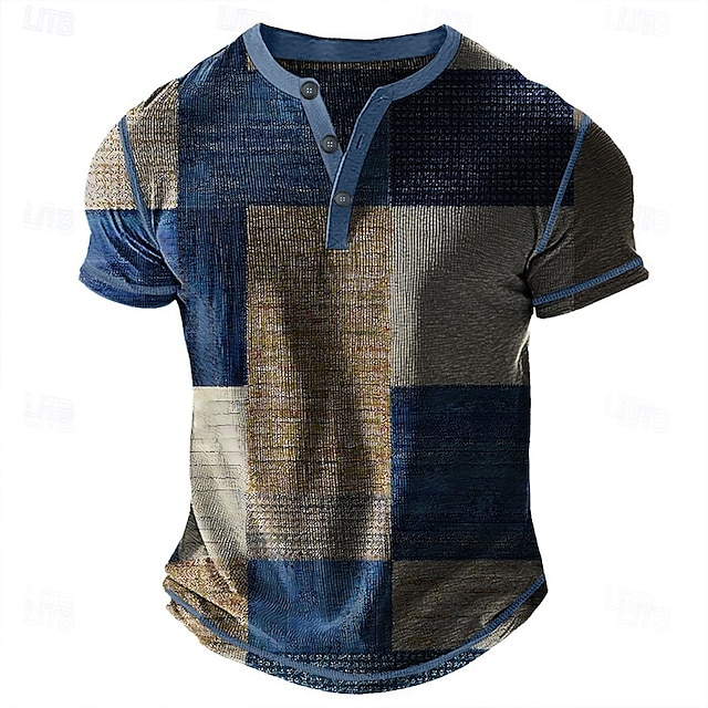  Herre Geometrisk Lapper Henly-skjorte Vaffel T-skjorte Kortermet Daglig Retro / vintage Klassisk Sport & Utendørs Avslappet Ferie Vår sommer Blå Grønn Lilla Brun Grå Henley Henley T-skjorte