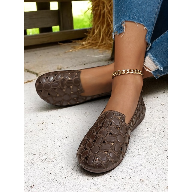  Mocasines planos anchos de piel para mujer, sin cordones, con diseño floral recortado y suela suave, cómodos para uso diario, visitas a granjas y picnics en el jardín.