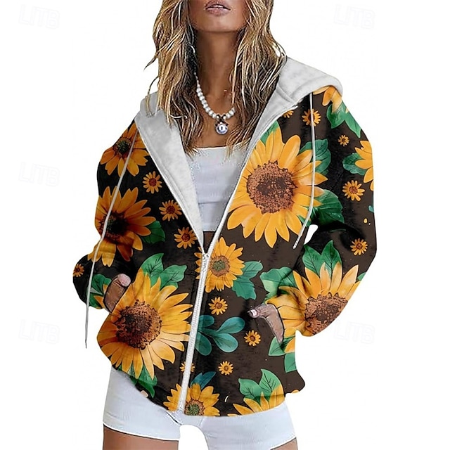  Women's Casual Jacket Comfortable Pocket Print Sports Fashion Outdoor Flower Casual Daily Weekend Zipper Regular Hooded Regular Fit Long Sleeve Outerwear Black Light Purple Purple Spring Fall