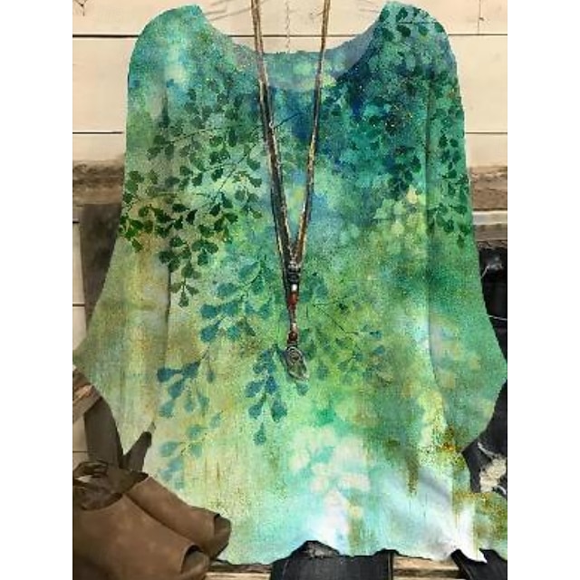  Femmes Chemise Feuille Feuilles Élégant Manche 3/4 Col ras du cou Hauts Réguliers Quotidien Fête Imprimé Bleu Vert Été