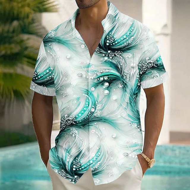  Herre Geometrisk Bølger Perler Skjorte Sommerskjorte Skjorte med knapper Kortermet Fashion Casual Feriereise Ferie Gateklær Sommer Aftæpning 3D-utskrift Front One Lomme Lin som skjorte Blå Grønn