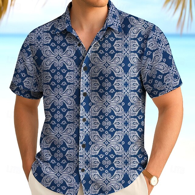 Men's Paisley Ethnic Shirt Summer Shirt Button Up Shirt Short Sleeve Vintage Retro Outdoor Vacation Dailywear Summer Spring Turndown 3D Print Collared Shirts Blue4