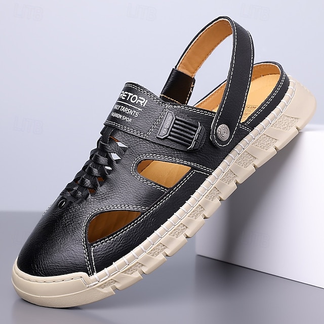  Herrsandaler i brunt konstläder med slip-on-mönster, justerbar ryggrem och andningsbar design, bekväma vardagsskor för strand, vandring och sommaraktiviteter