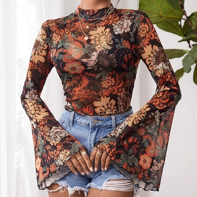  Retro Vintage 1970er Groovy Bauchfreies Top Glockenärmel Disco Netz Blumen Damen Halloween Karneval Musikfestival Retro-Mottoparty Erwachsene Oberteil