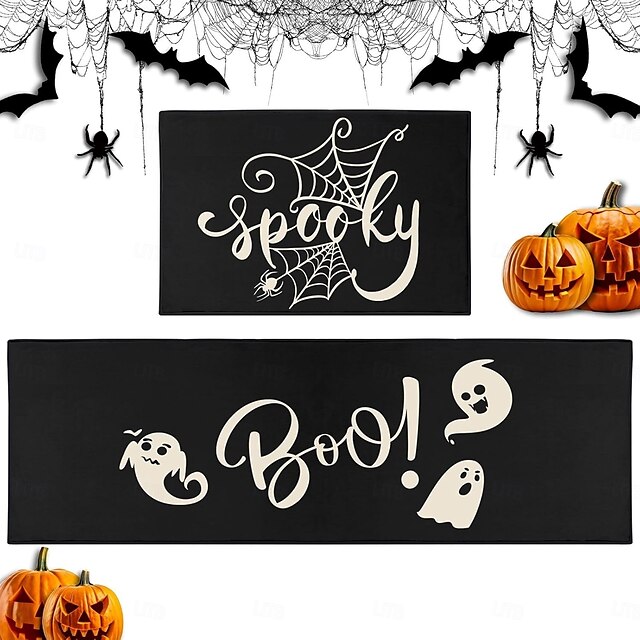  Halloween køkkenmåtter, 2 stk. køkkenmåtter, polstrede anti-trætheds køkkenmåtter til gulv, skridsikker stående skrivebordsmåtte, vandtæt køkkenmåttesæt til køkken, gulv, kontor