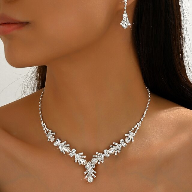  un parure de bijoux de mariée 2 Zircon 1 Collier Boucles d'oreilles Femmes Élégant ancien Personnalisé Adorable Classique Forme de Feuille Amour Parure de Bijoux Pour Mariage Anniversaire Cadeau