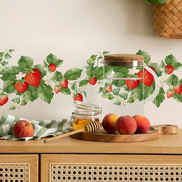  αυτοκόλλητο τοίχου με φρέσκια φράουλα και λουλουδάτο αμπέλι, αυτοκόλλητο διακοσμητικό τοίχου για διακόσμηση φόντου σαλονιού, κουζίνας και υπνοδωματίου