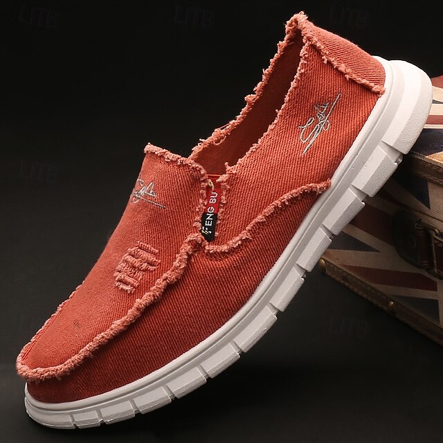  Mocassins à enfiler en toile rouge vieillie pour hommes, design à bords effilochés avec semelle coussinée, idéal pour les sorties streetwear d'été, les week-ends et les journées décontractées