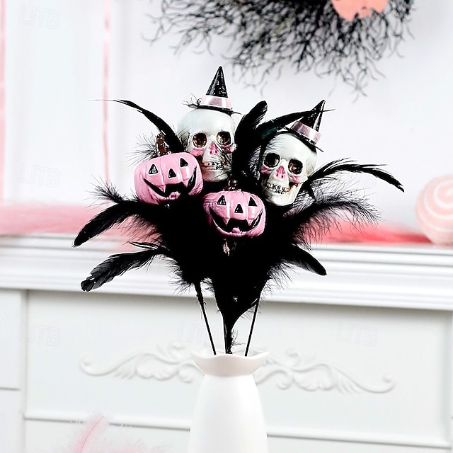  ハロウィンの造花ブーケ1束、羽根、カボチャ、頭蓋骨のピック付き、パーティーや家の装飾用の恐ろしい造花