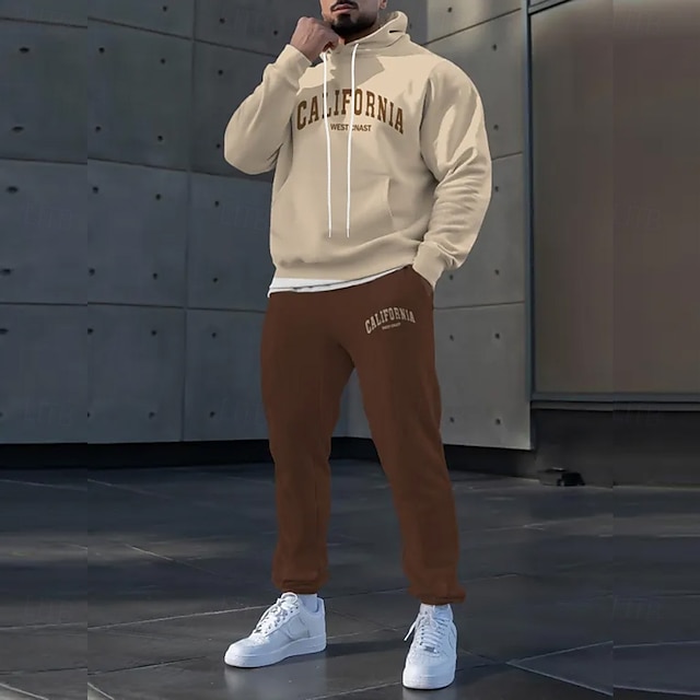  Homens Texto / Número 2pcs Conjuntos de moletom 3D Moletom Moletom com capuz Manga Longa Calças compridas Com Capuz Casual Diário Roupa Esportiva Impressão 3D Primavera Outono Inverno Marron