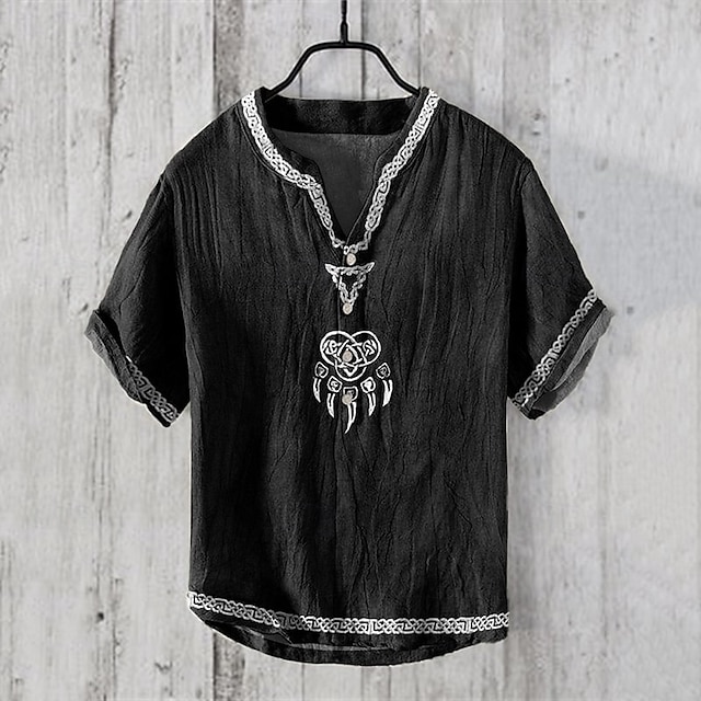  Per uomo Camicia Camicia di lino Camicia popover Camicia casual Camicia di cotone Vichingo Vacanza Camicia hawaiana Nero Manica Corta Scollo a V Estate Primavera Abbigliamento Stampato