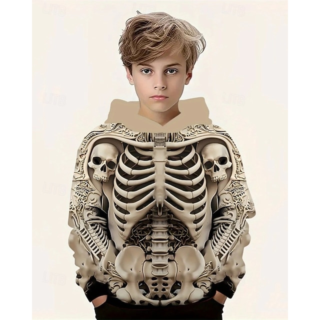  Pojkar 3D Dödskalle Huvtröja Långärmad Vår Höst Mode Streetwear Barn 4-12 år Huva Utomhus Ledigt Dagligen Normal