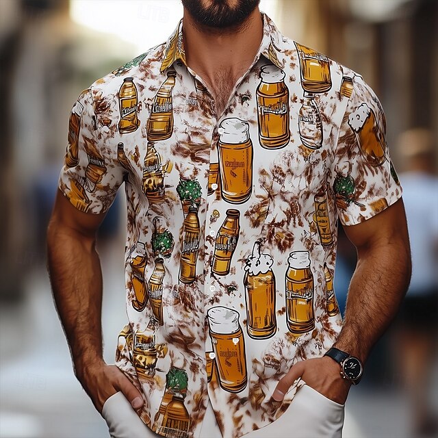 Men's Oktoberfest Beer Shirt Summer Shirt Button Up Shirt Short Sleeve Hawaiian Outdoor Holiday Summer Spring Turndown 3D Print Collared Shirts Apricot4