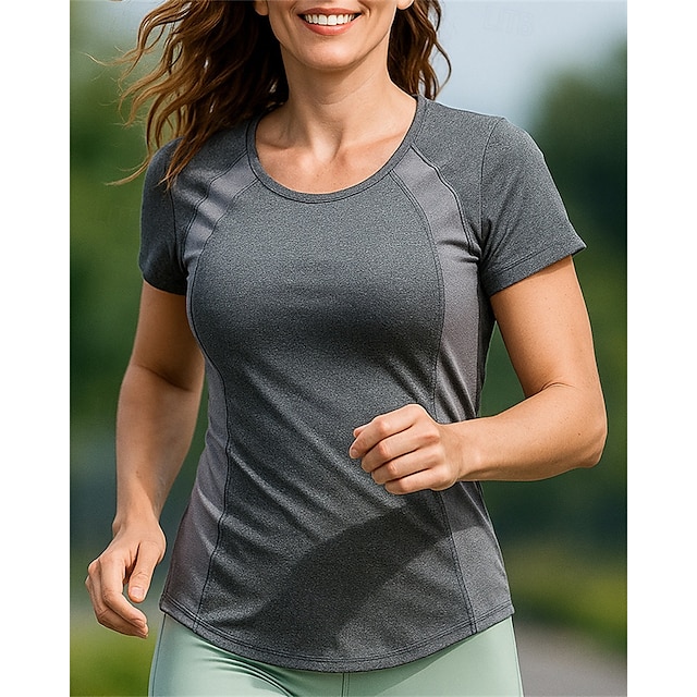  Damen Wanderhemd Wanderspitze Kurzarm Rundhalsausschnitt Oberteil Außen Atmungsaktiv Schnelltrocknend Feuchtigkeitsableitend Leicht Polyester Patchwork Schwarz Marinenblau Grau Tennis Golfspiel Laufen