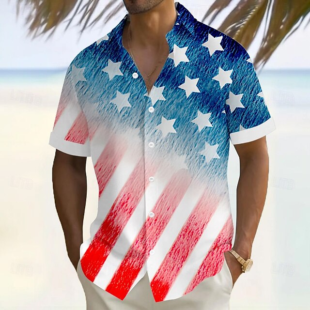 Independence Day Men's American US Flag Gradient Color Patriotic Shirt Summer Shirt Button Up Shirt Short Sleeve Fashion Casual Outdoor Vacation Dailywear Summer Turndown 3D Print Linen Like Shirt4