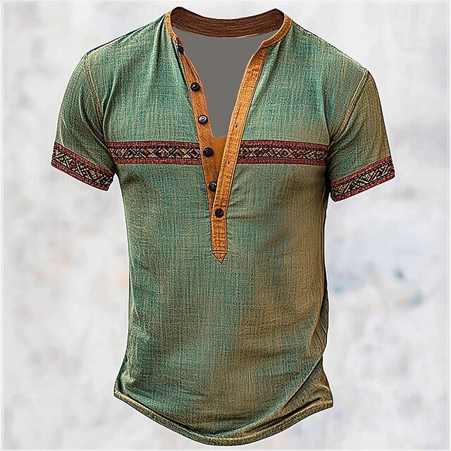 Men's Printed Ethnic T Shirt Henley Shirt Tee Short Sleeve Designer Basic Ethnic Outdoor Casual Daily Summer Green Henley Henley T-Shirt4
