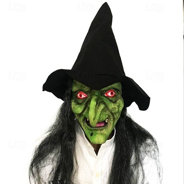  Halloweenská čarodějnická maska pro dospělé, realistické strašidelné kostýmy, latexová obličejová maska, černý klobouk, zelený obličej, strašidelná halloweenská čarodějnická pokrývka hlavy na párty a